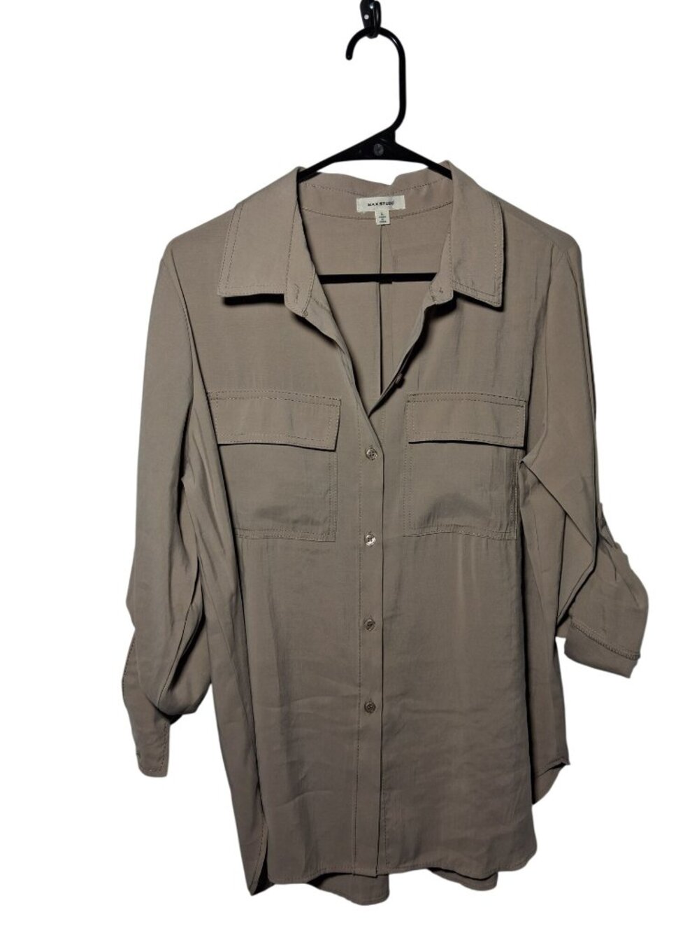Max Studio Taupe Button-Up Blouse With Roll Tab Sleeves Womens Size L